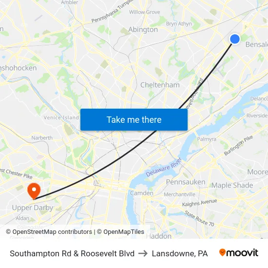 Southampton Rd & Roosevelt Blvd to Lansdowne, PA map