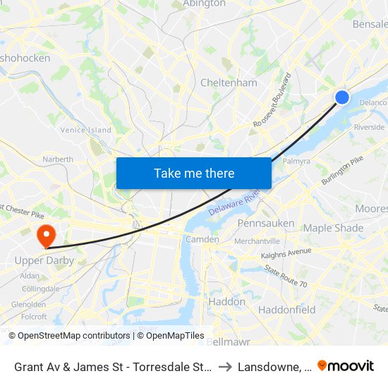 Grant Av & James St - Torresdale Station to Lansdowne, PA map