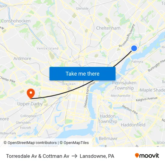 Torresdale Av & Cottman Av to Lansdowne, PA map