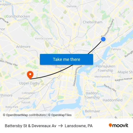 Battersby St & Devereaux Av to Lansdowne, PA map