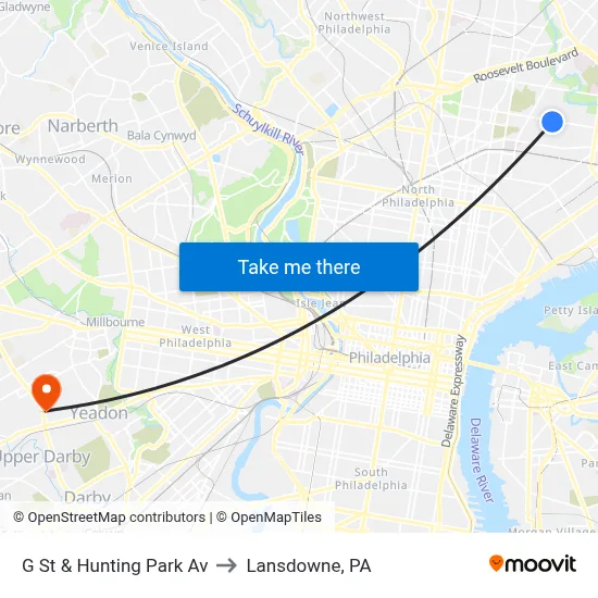 G St & Hunting Park Av to Lansdowne, PA map