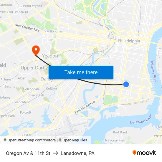 Oregon Av & 11th St to Lansdowne, PA map