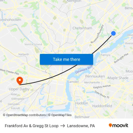 Frankford Av & Gregg St Loop to Lansdowne, PA map