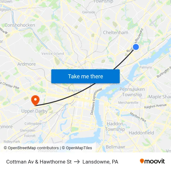 Cottman Av & Hawthorne St to Lansdowne, PA map