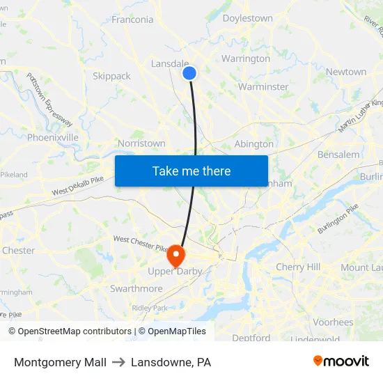 Montgomery Mall to Lansdowne, PA map