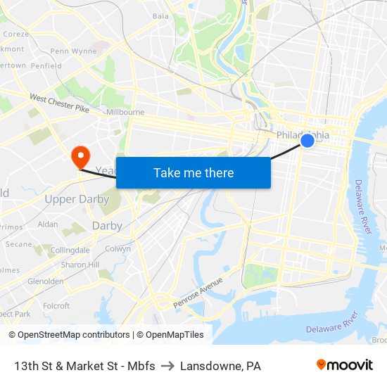 13th St & Market St - Mbfs to Lansdowne, PA map