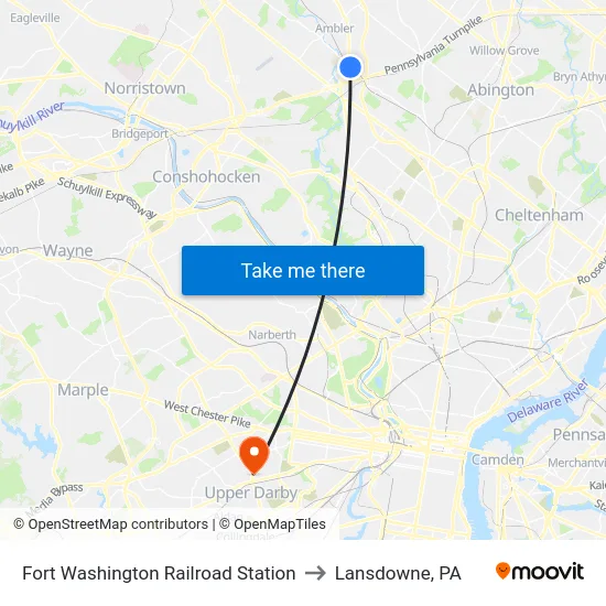 Fort Washington Railroad Station to Lansdowne, PA map
