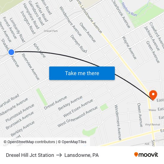 Drexel Hill Jct Station to Lansdowne, PA map