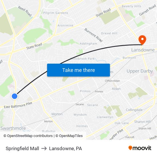 Springfield Mall to Lansdowne, PA map