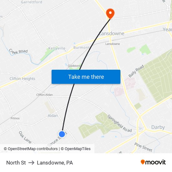 North St to Lansdowne, PA map