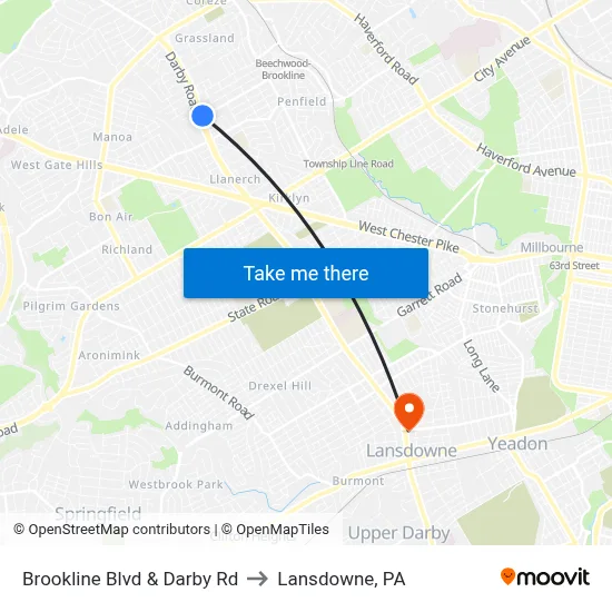 Brookline Blvd & Darby Rd to Lansdowne, PA map