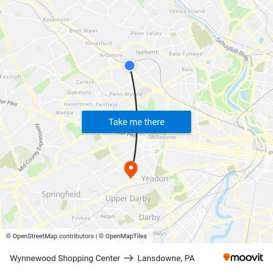 Wynnewood Shopping Center to Lansdowne, PA map