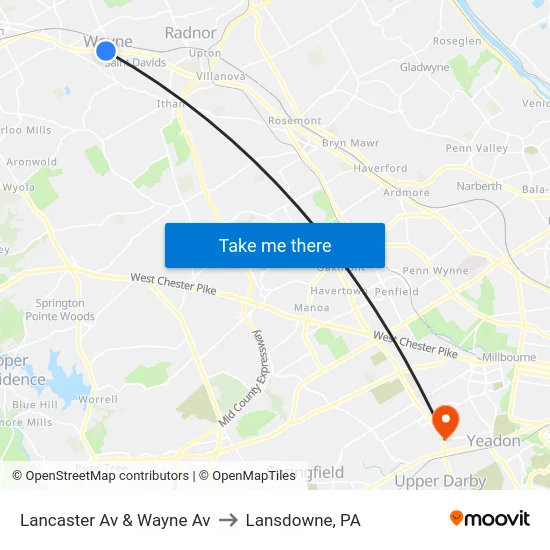Lancaster Av & Wayne Av to Lansdowne, PA map