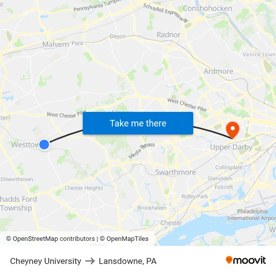 Cheyney University to Lansdowne, PA map