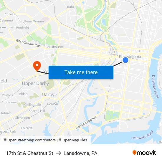 17th St & Chestnut St to Lansdowne, PA map