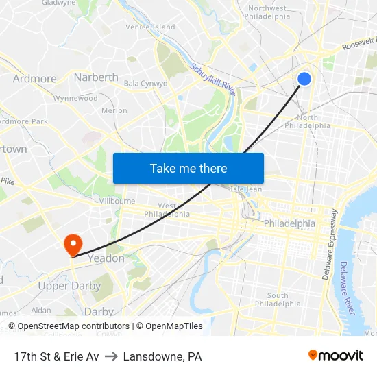 17th St & Erie Av to Lansdowne, PA map