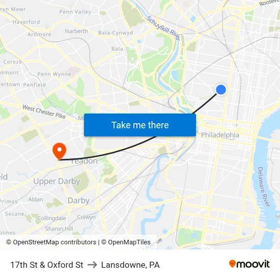 17th St & Oxford St to Lansdowne, PA map