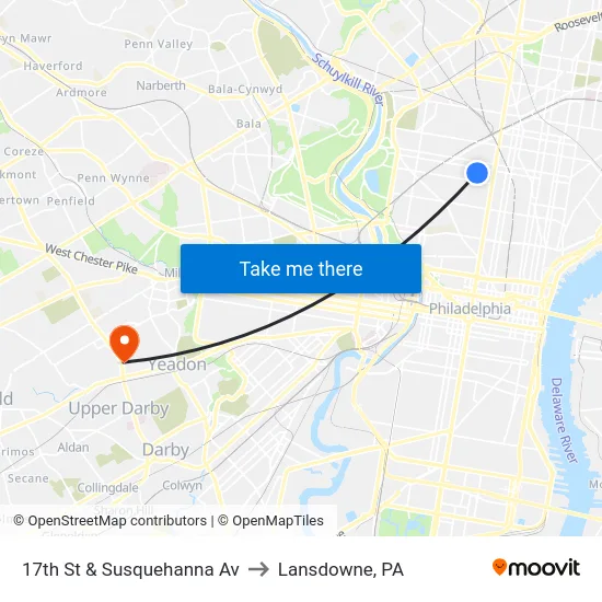 17th St & Susquehanna Av to Lansdowne, PA map