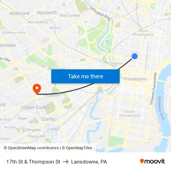 17th St & Thompson St to Lansdowne, PA map
