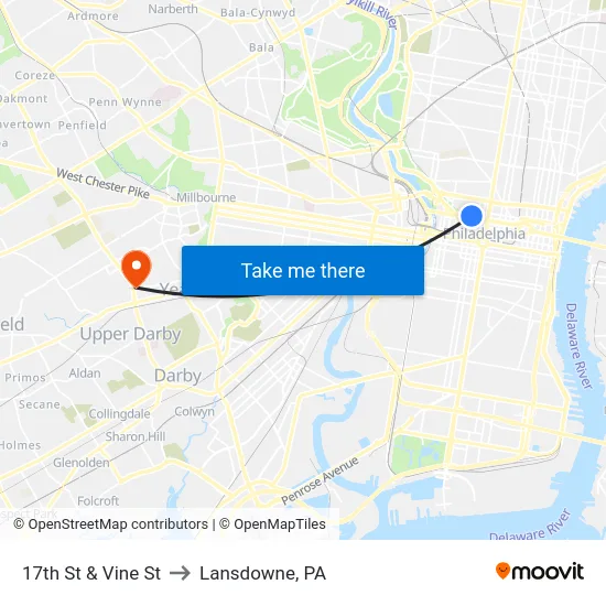 17th St & Vine St to Lansdowne, PA map