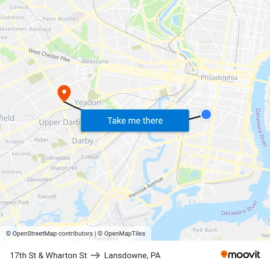 17th St & Wharton St to Lansdowne, PA map