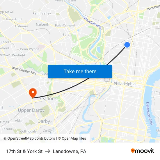 17th St & York St to Lansdowne, PA map