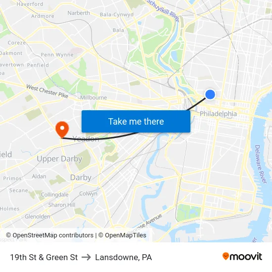 19th St & Green St to Lansdowne, PA map