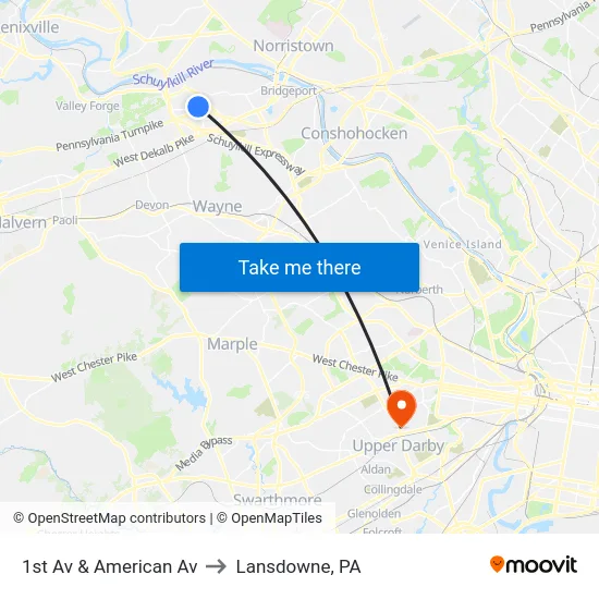 1st Av & American Av to Lansdowne, PA map
