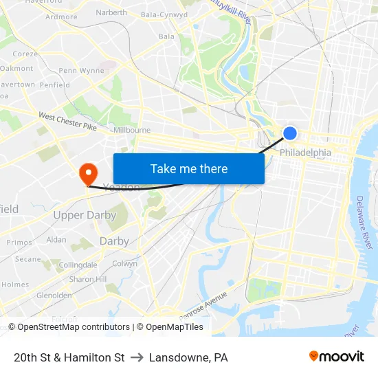 20th St & Hamilton St to Lansdowne, PA map