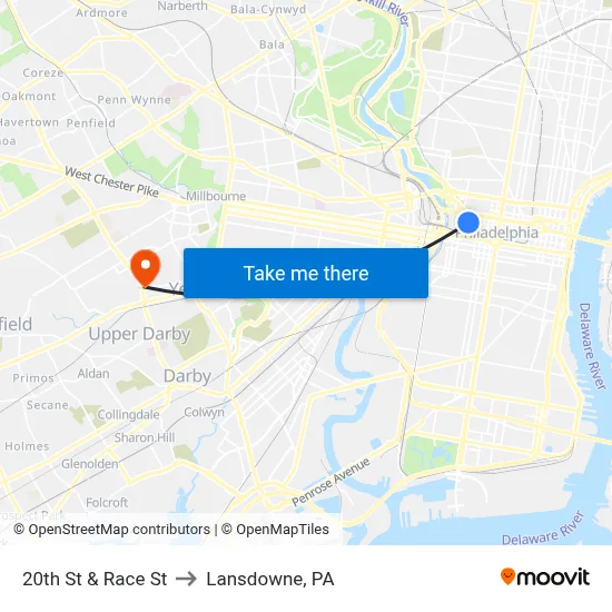 20th St & Race St to Lansdowne, PA map