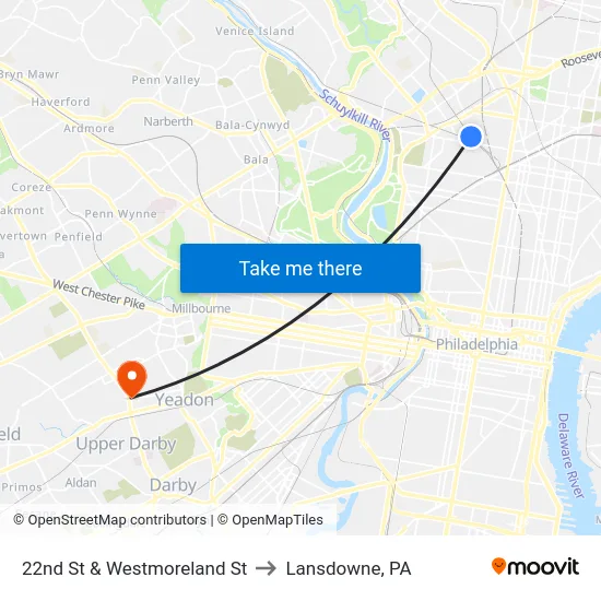 22nd St & Westmoreland St to Lansdowne, PA map