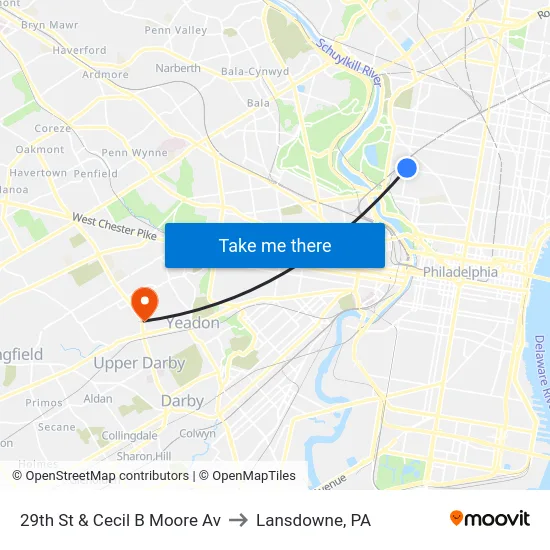 29th St & Cecil B Moore Av to Lansdowne, PA map