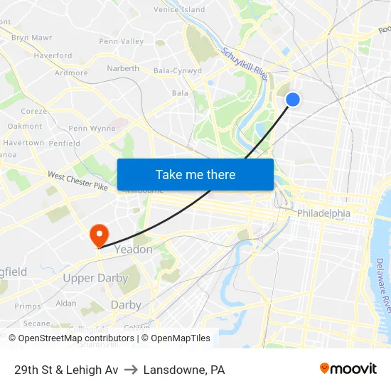 29th St & Lehigh Av to Lansdowne, PA map