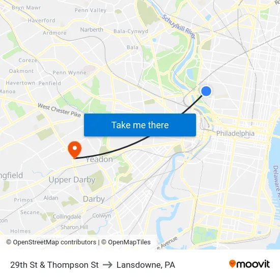 29th St & Thompson St to Lansdowne, PA map
