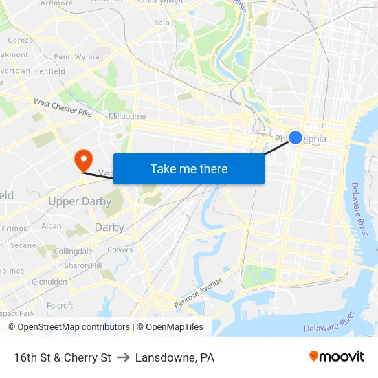 16th St & Cherry St to Lansdowne, PA map