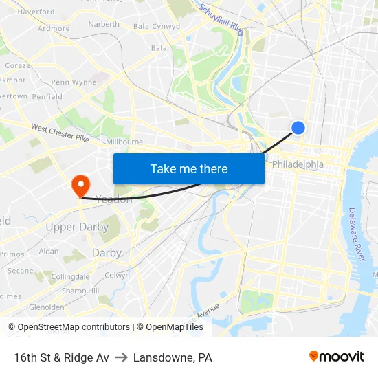 16th St & Ridge Av to Lansdowne, PA map