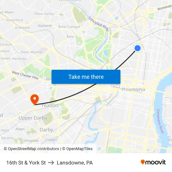 16th St & York St to Lansdowne, PA map
