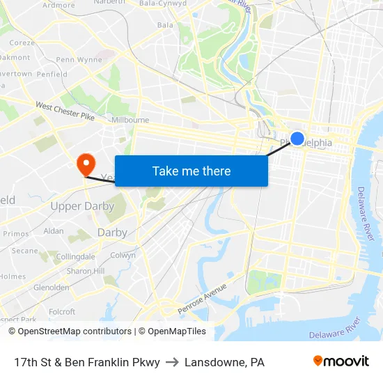 17th St & Ben Franklin Pkwy to Lansdowne, PA map