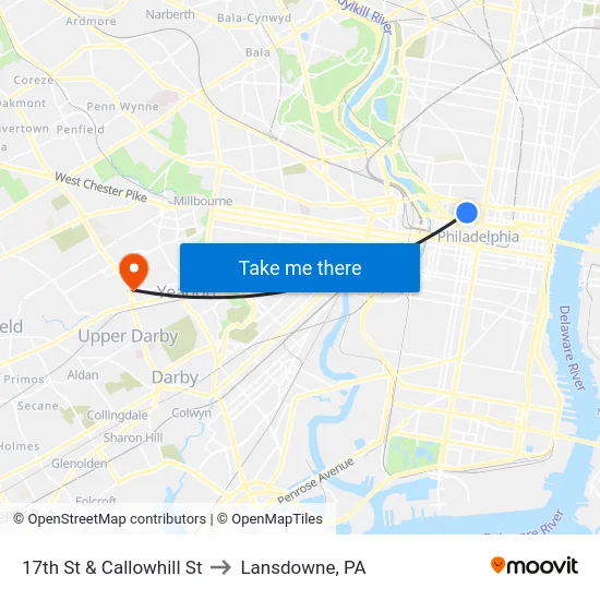 17th St & Callowhill St to Lansdowne, PA map