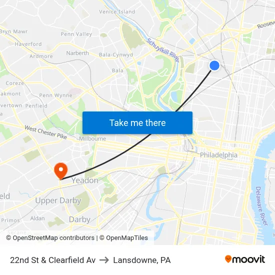 22nd St & Clearfield Av to Lansdowne, PA map