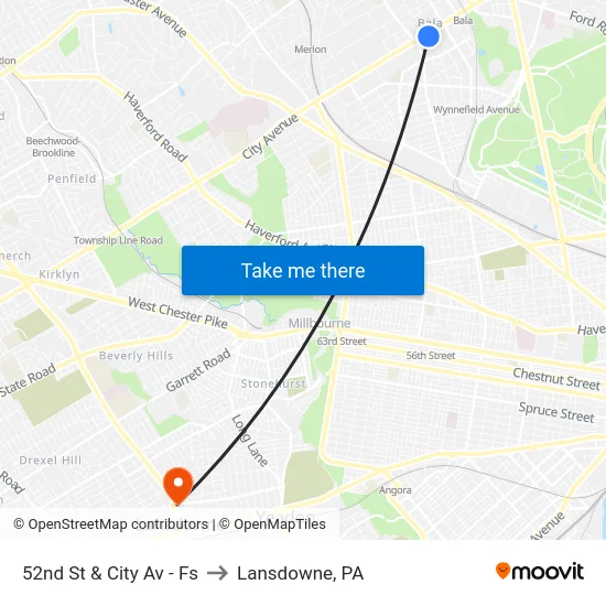 52nd St & City Av - Fs to Lansdowne, PA map