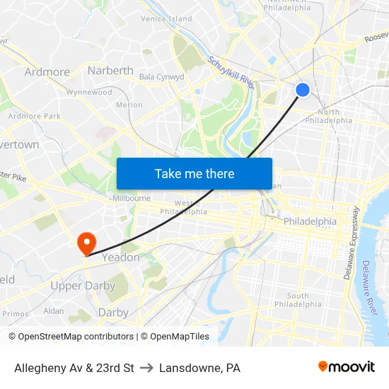 Allegheny Av & 23rd St to Lansdowne, PA map