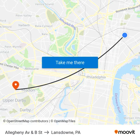 Allegheny Av & B St to Lansdowne, PA map