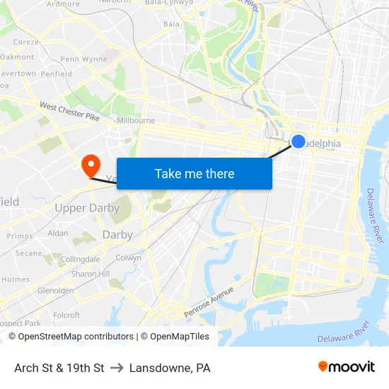 Arch St & 19th St to Lansdowne, PA map