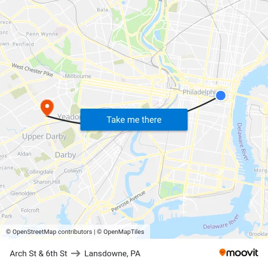 Arch St & 6th St to Lansdowne, PA map