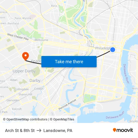 Arch St & 8th St to Lansdowne, PA map