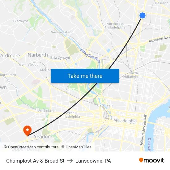 Champlost Av & Broad St to Lansdowne, PA map