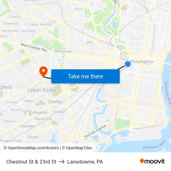 Chestnut St & 23rd St to Lansdowne, PA map