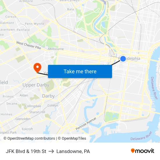 JFK Blvd & 19th St to Lansdowne, PA map