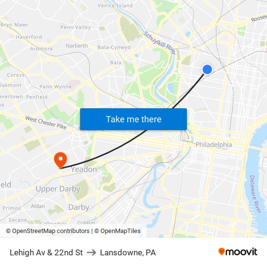 Lehigh Av & 22nd St to Lansdowne, PA map